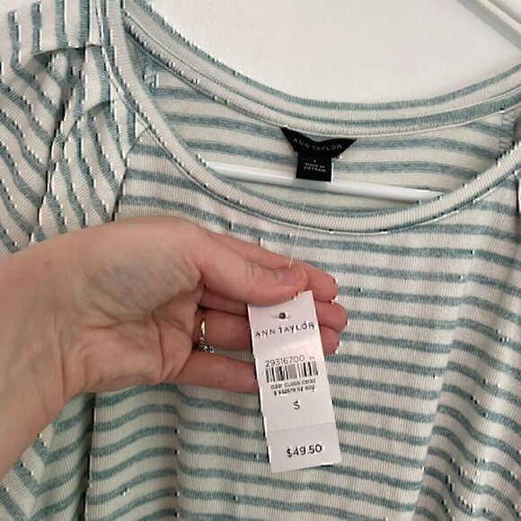 NEW NWT ANN TAYLOR Stripe Flutter Sleeve Tee White Aqua Blue Short Sleeve Knit S - Picture 6 of 12